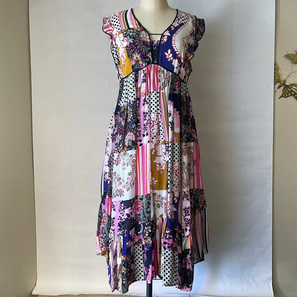 Anthropologie Patchwork Print Ruffle Shoulder Swi… - image 4